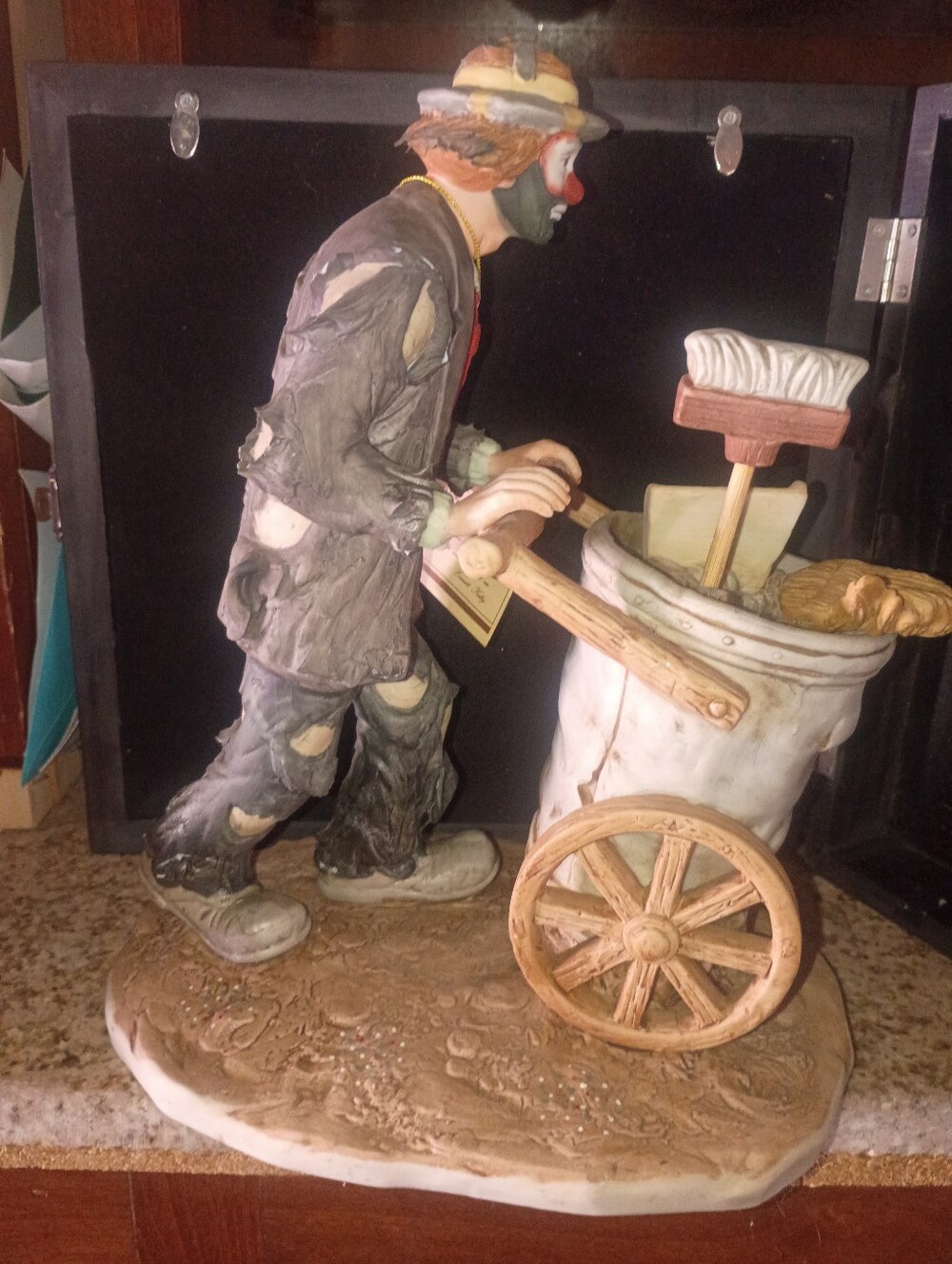 Handcrafted Clown with Cart Sculpture in Gray and White